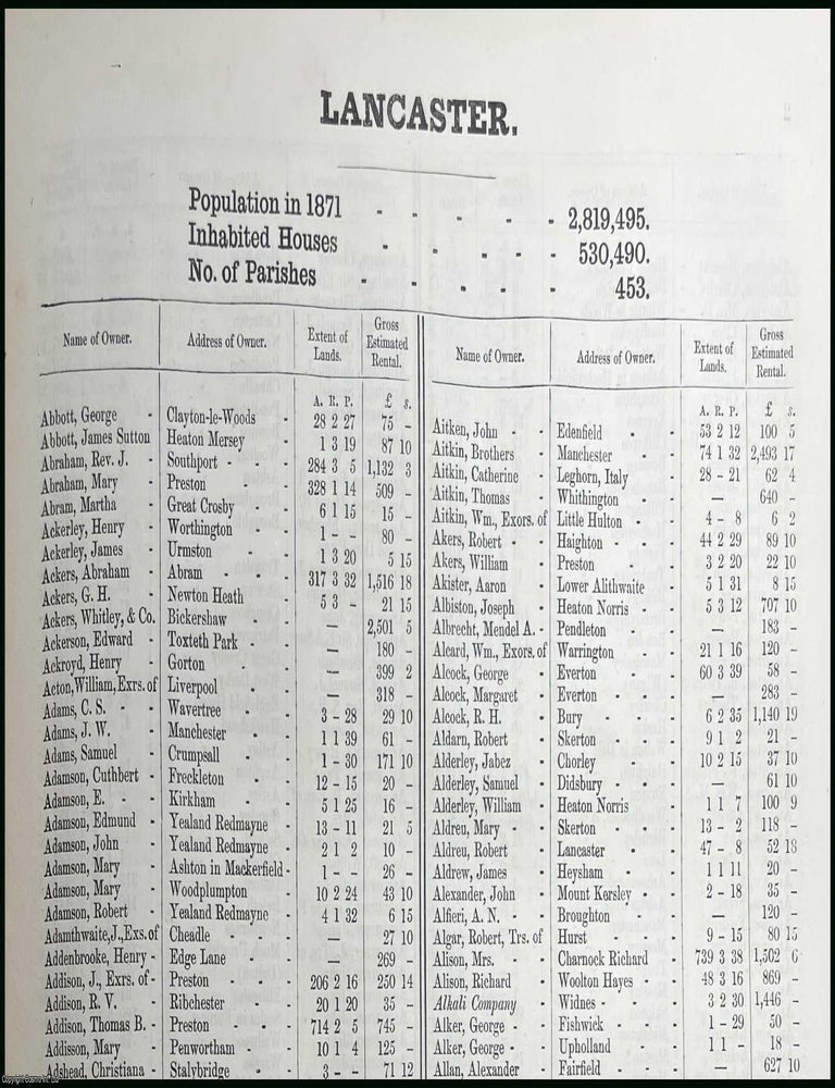 Item #507063 1873. Lancaster. The names of owners of land one acre and above. Return of Owners of...
