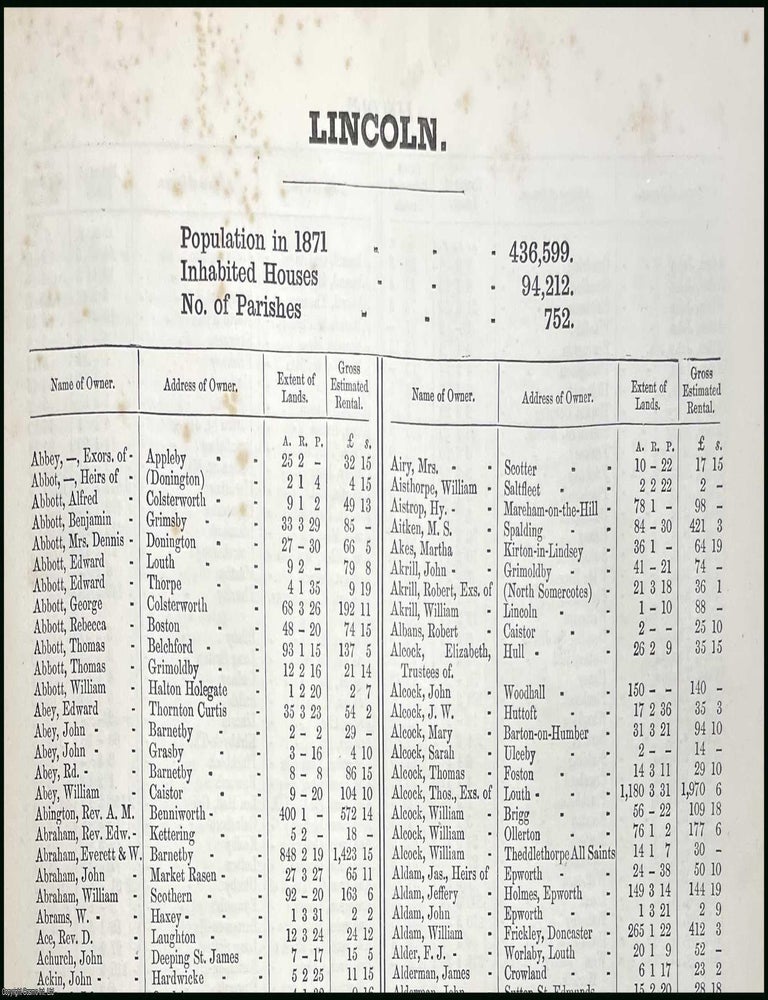 Item #507065 1873. Lincolnshire. The names of owners of land one acre and above. Return of Owners...