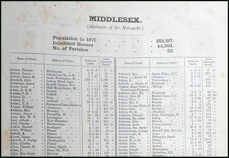 Item #507066 1873. Middlesex. The names of owners of land one acre and above. Return of Owners of Land, showing the total Population, Inhabited Houses, Number of Parishes. Secretary John Lambert, Local Government Board.