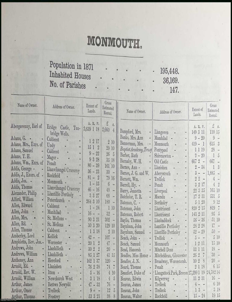 Item #507067 1873. Monmouthshire. The names of owners of land one acre and above. Return of...