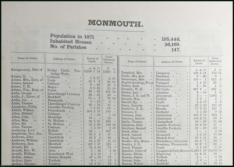 Item #507067 1873. Monmouthshire. The names of owners of land one acre and above. Return of...