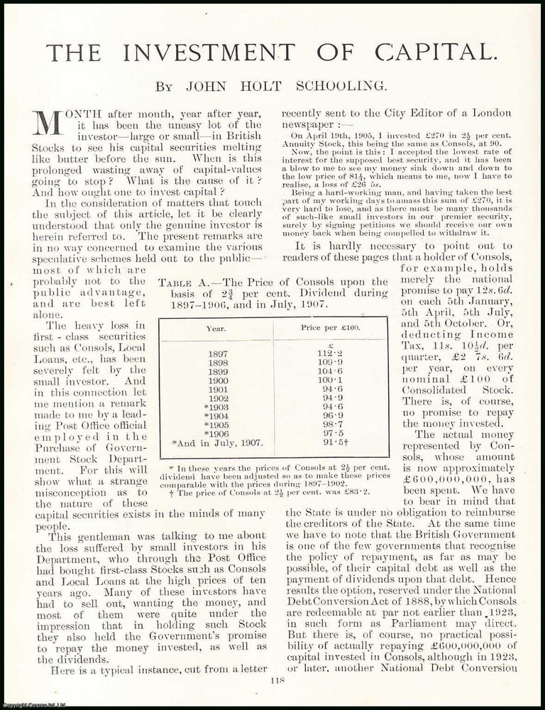 Item #507512 The Investment of Capital. An original article from the Windsor Magazine, 1908. John...