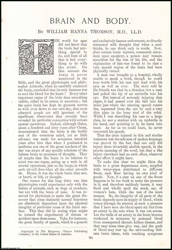 Item #507520 Brain & Body. 7 pages. An article printed in 1908, written by William Hanna...