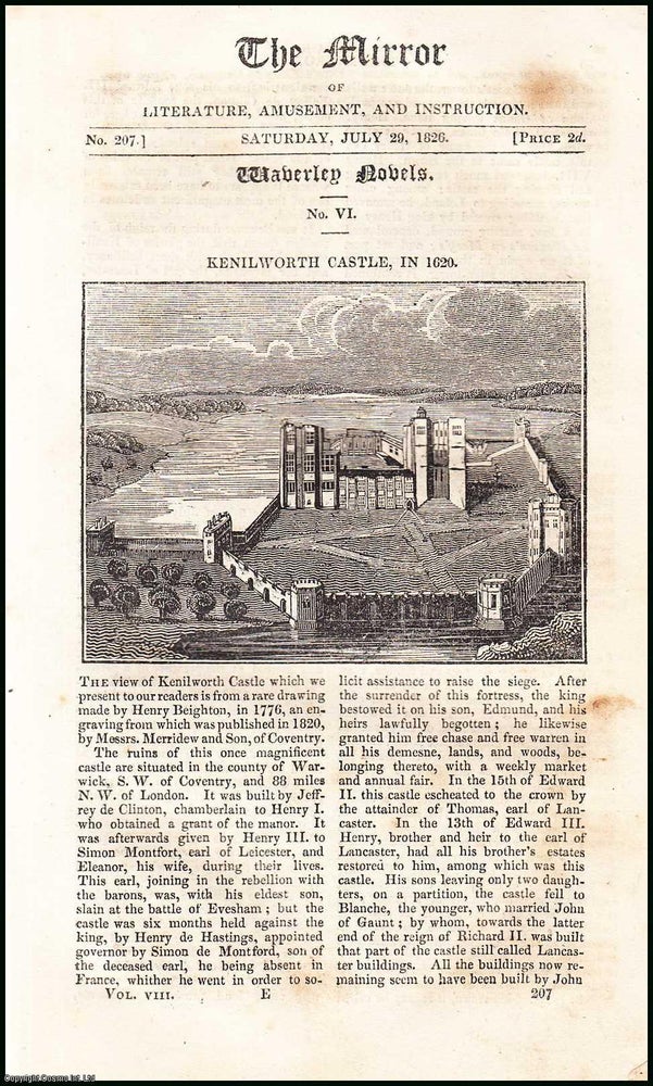 Item #507802 Kenilworth castle, in 1620. A complete rare weekly issue of A complete rare weekly issue of the Mirror of Literature, Amusement, and Instruction of Literature, Amusement, and Instruction, 1826. THE MIRROR.