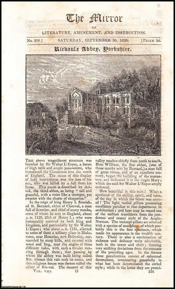 Item #507811 Rievaulx Abbey, Yorkshire. A complete rare weekly issue of A complete rare weekly issue of the Mirror of Literature, Amusement, and Instruction of Literature, Amusement, and Instruction, 1826. THE MIRROR.