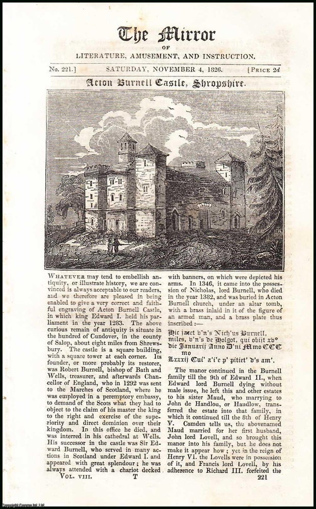 Item #507816 Acton Burnell Castle, Shropshire. A complete rare weekly issue of A complete rare weekly issue of the Mirror of Literature, Amusement, and Instruction of Literature, Amusement, and Instruction, 1826. THE MIRROR.