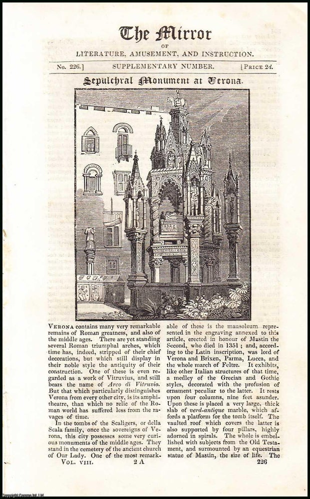 Item #507821 Sepulchral Monument at Verona. A complete rare weekly issue of A complete rare weekly issue of the Mirror of Literature, Amusement, and Instruction of Literature, Amusement, and Instruction, 1826. THE MIRROR.