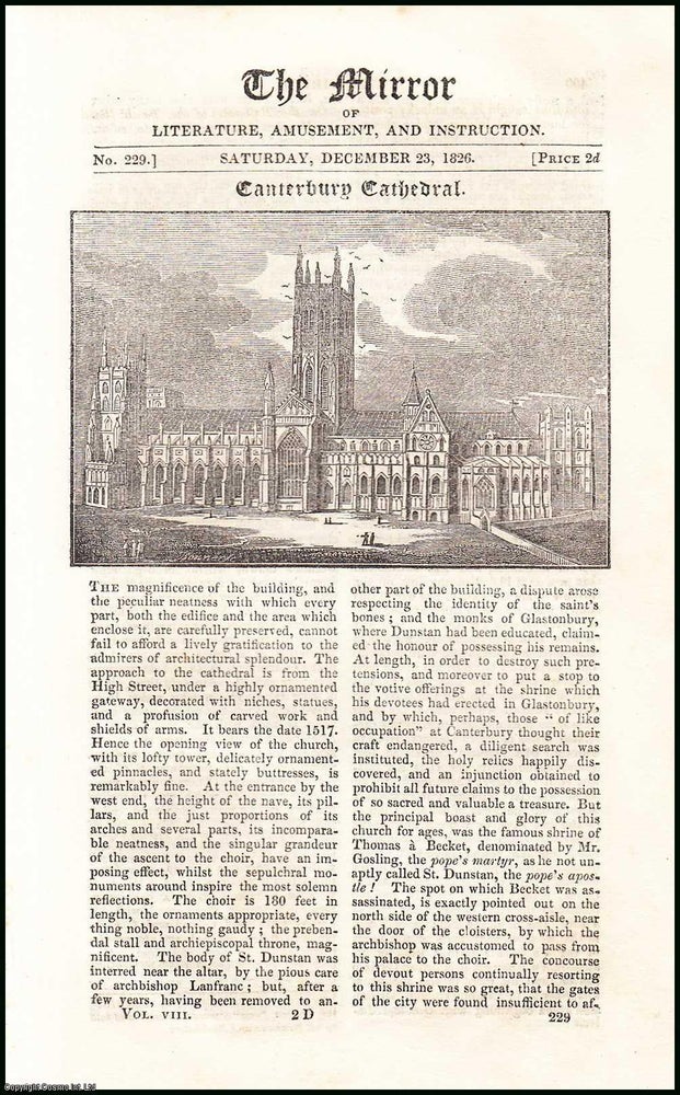 Item #507824 Canterbury Cathedral. A complete rare weekly issue of the Mirror of Literature, Amusement, and Instruction, 1826. THE MIRROR.