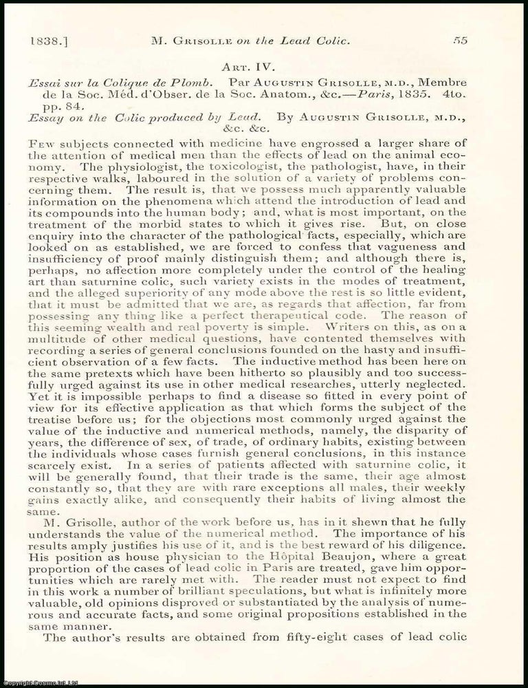 Item #507849 On the Colic Produced by Lead, by Augustin Grisolle, M.D. An original essay from the...