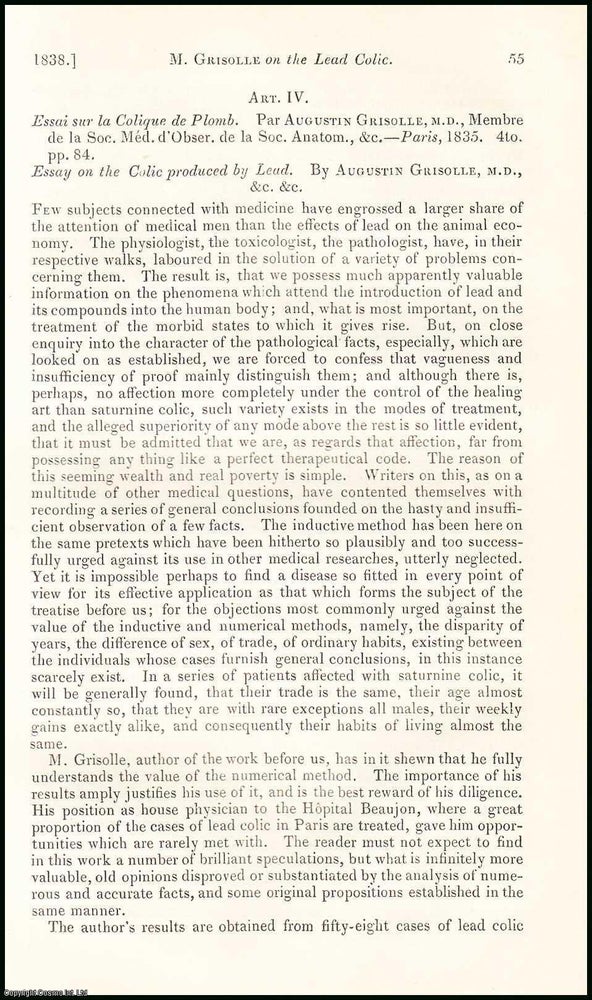 Item #507849 On the Colic Produced by Lead, by Augustin Grisolle, M.D. An original essay from the...