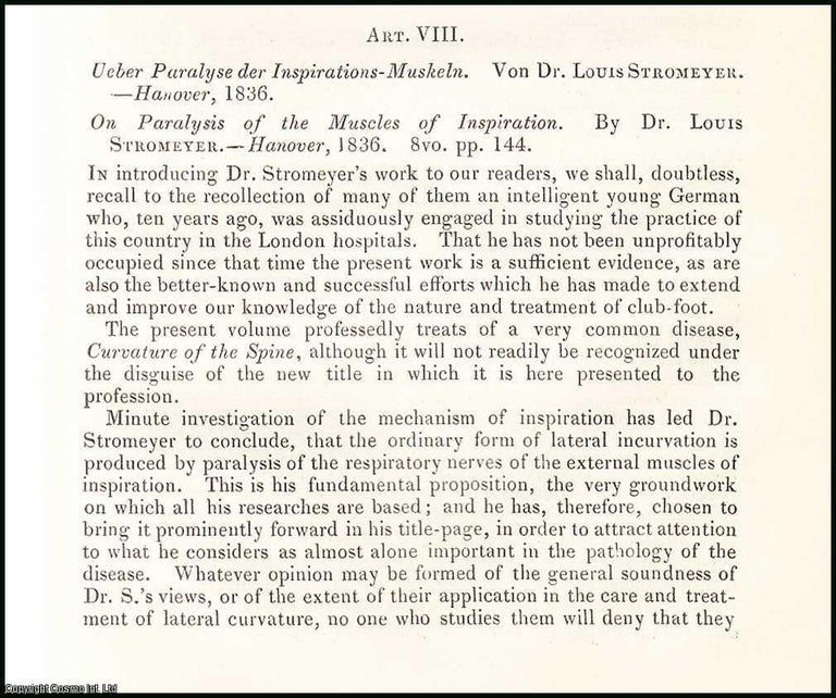 Item #507852 On Paralysis of the Muscles of Inspiration, by Dr. Louis Stromeyer. An original...