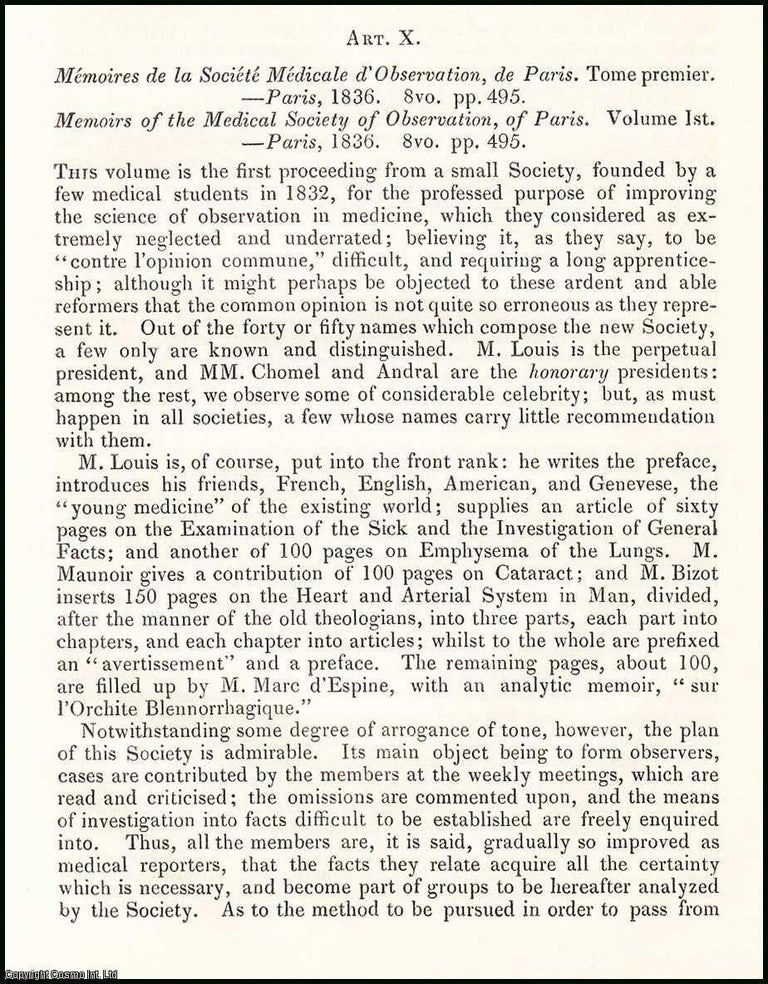 Item #507853 Memoirs of the Medical Society of Observation, of Paris. An original essay from the...