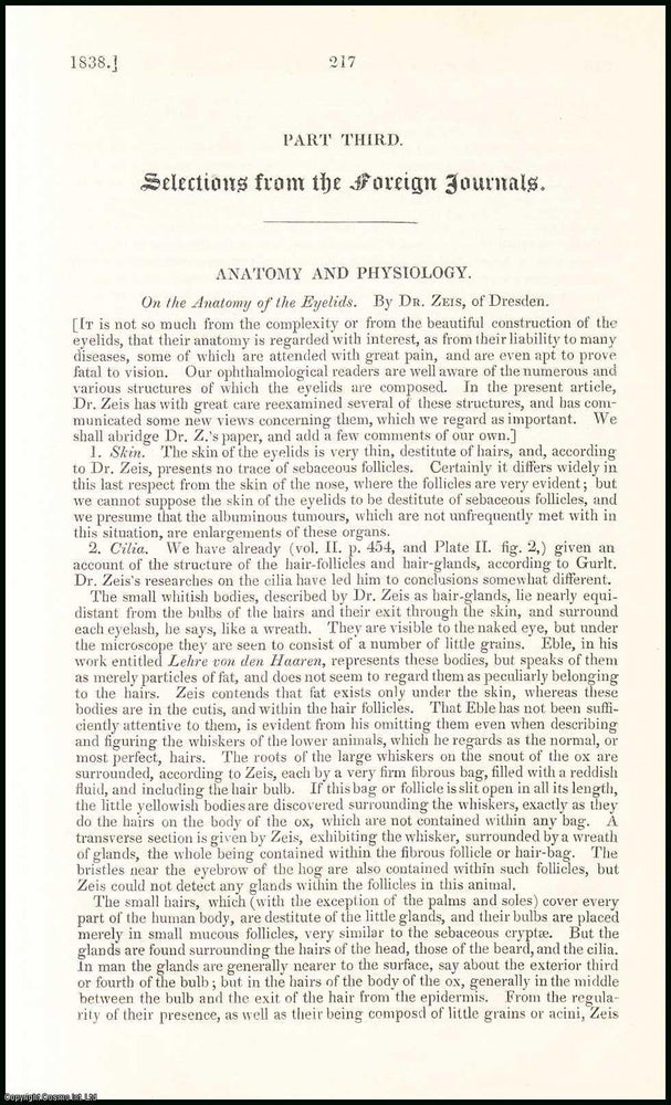 Item #507855 The Anatomy of the Eyelids, by Dr. Zeis, of Dresden. An original essay from the...