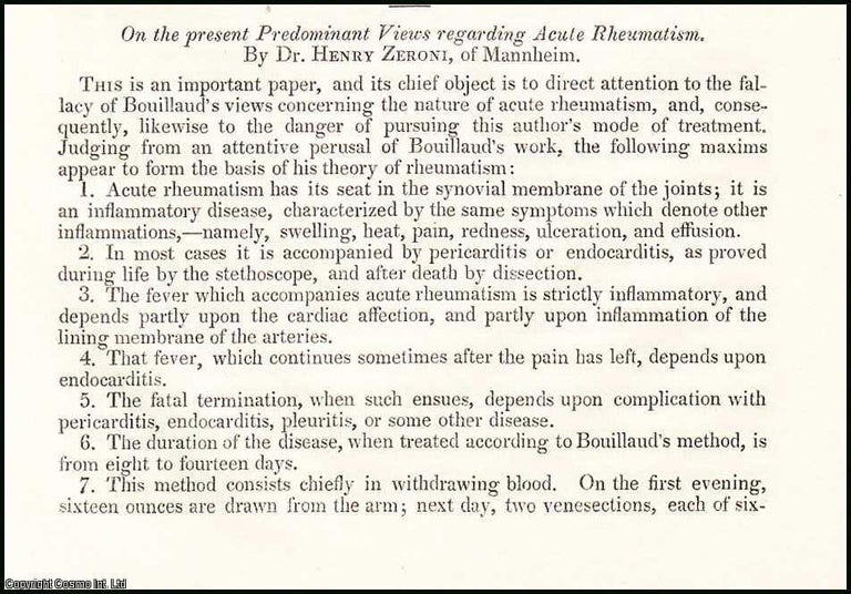 Item #507857 The Present Predominant Views regarding Acute Rheumatism, by Dr. Henry Zeroni, of...