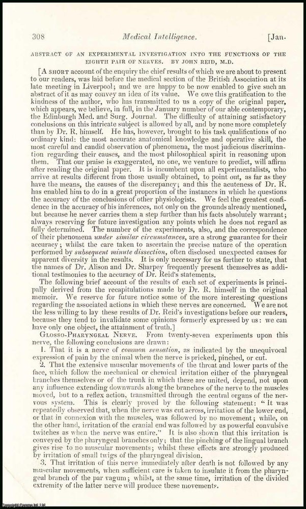 Item #507862 Abstract of an Experimental Investigation into the Functions of the Eighth Pair of...