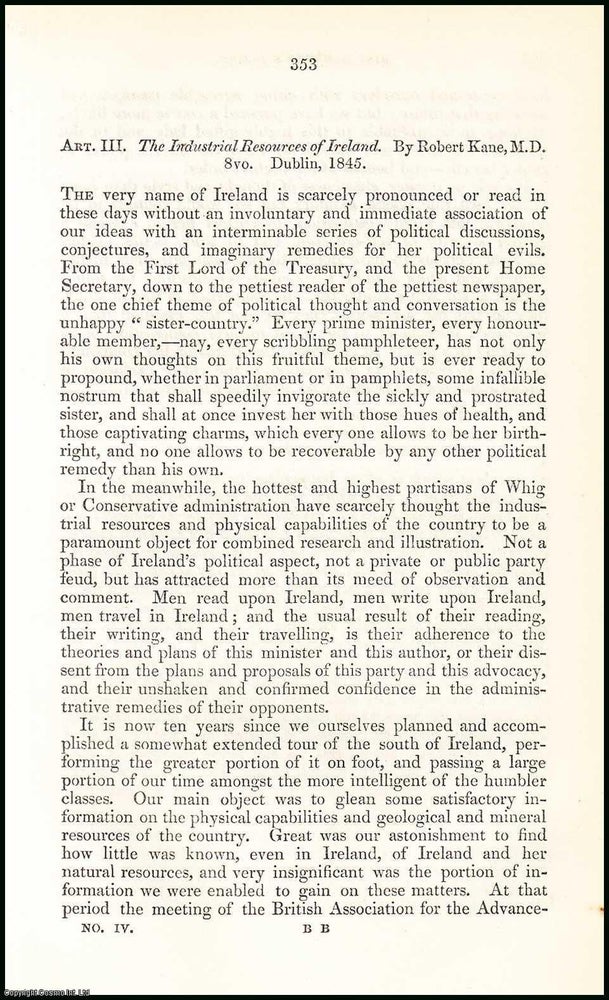 Item #508022 1845. The Industrial Resources of Ireland. A rare original article from the British...