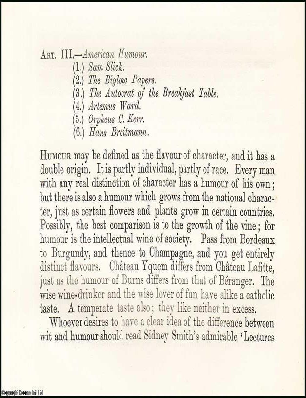 Item #508051 American Humour. 27 Pages. An article printed in 1870, written by Mortimer Collins....