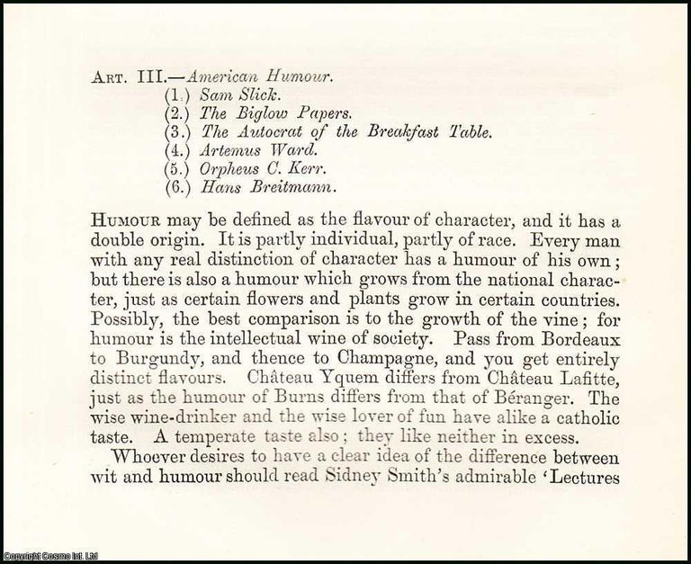 Item #508051 American Humour. 27 Pages. An article printed in 1870, written by Mortimer Collins....