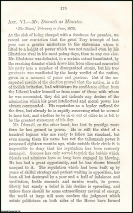 Item #508131 Mr. Disraeli as Minister. A rare original article from the British Quarterly Review,...