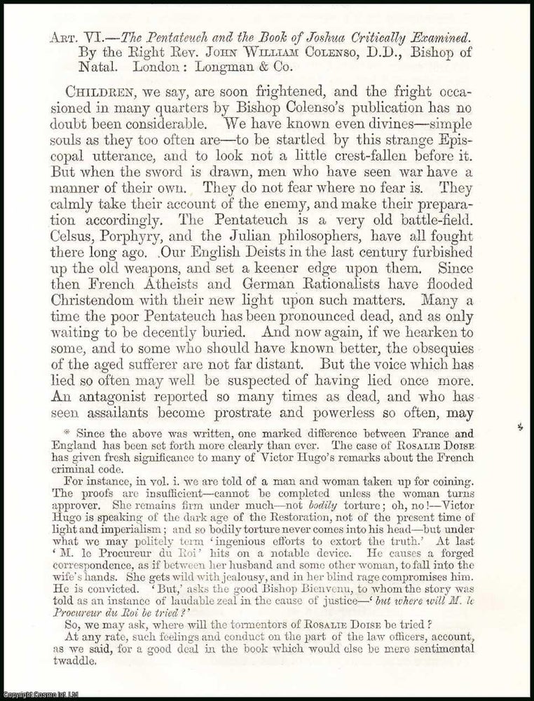 Item #508141 Bishop Colenso, First Bishop of Natal ; The Pentateuch. 43 Pages. An article printed...