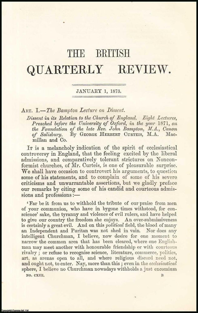 Item #508146 The Bampton Lecture on Dissent : a review and summary of the 1871 lecture on its...