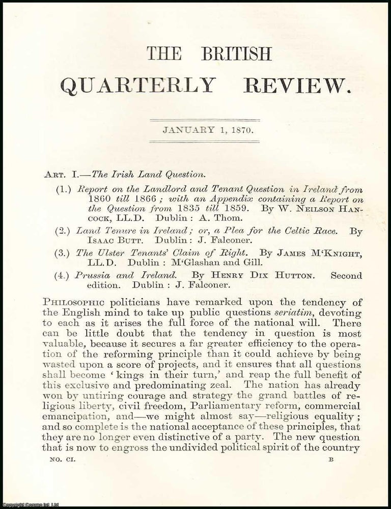 Item #508185 1870. The Irish Land Question. 36 Pages. An article printed in 1870, written by...