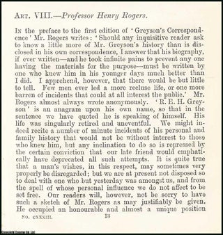 Item #508190 Professor Henry Rogers. A rare original article from the British Quarterly Review,...
