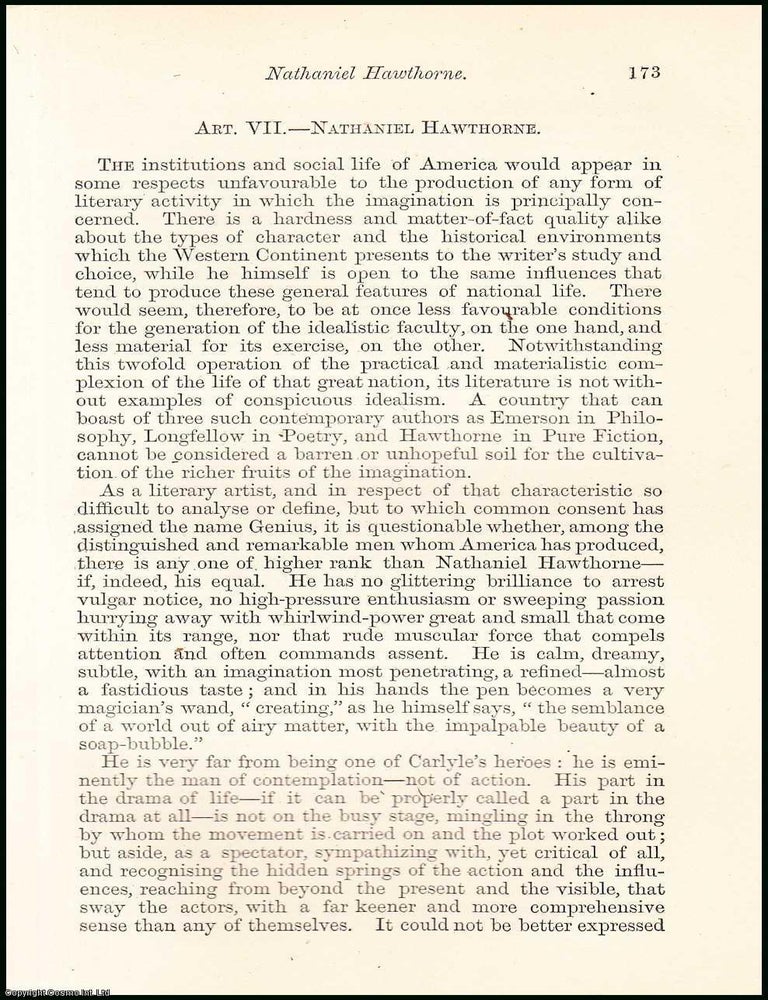 Item #508334 Nathaniel Hawthorne. A Literary Critique of his Works. An uncommon original article...