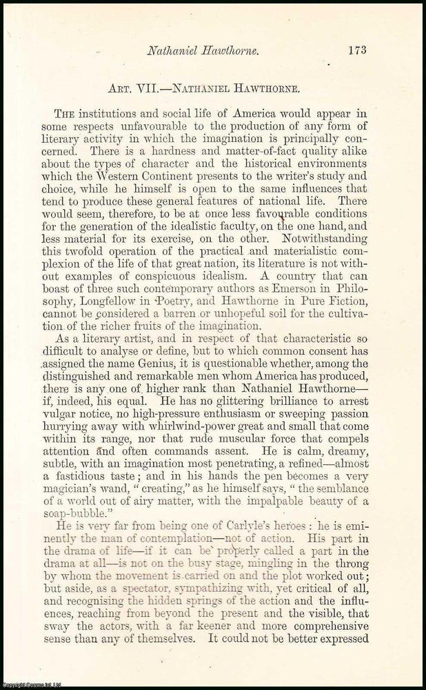 Item #508334 Nathaniel Hawthorne. A Literary Critique of his Works. An uncommon original article...