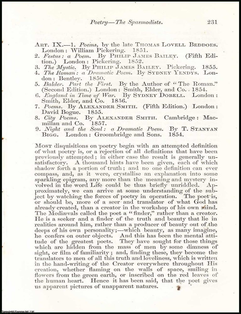 Item #508351 Poetry : the Spasmodists. An uncommon original article from the North British...