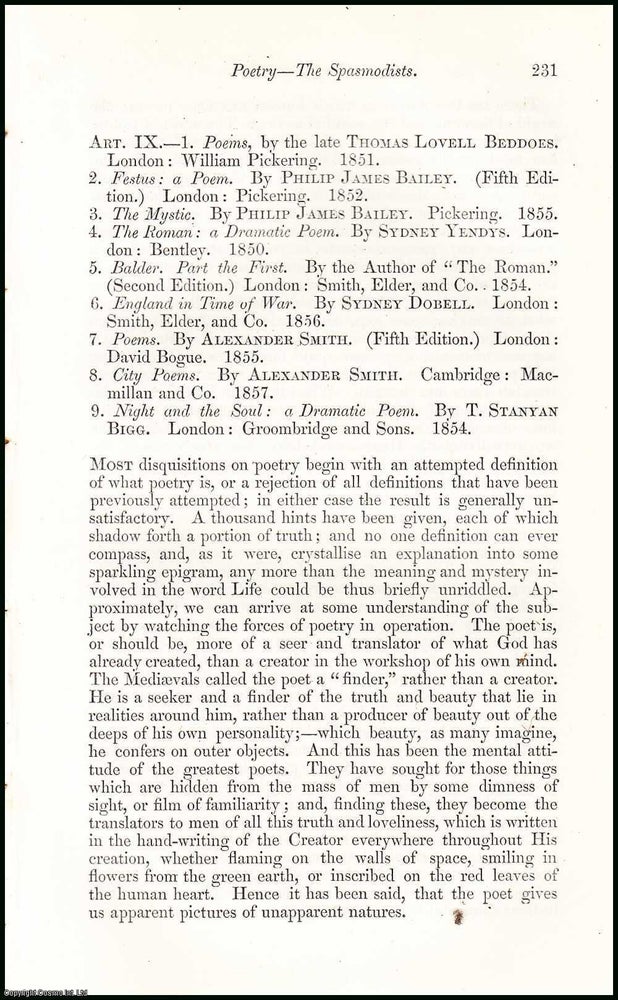 Item #508351 Poetry : the Spasmodists. An uncommon original article from the North British...