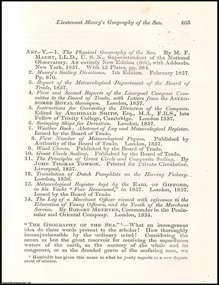 Item #508356 Lieutenant Maury's Geography of the Sea. An uncommon original article from the...
