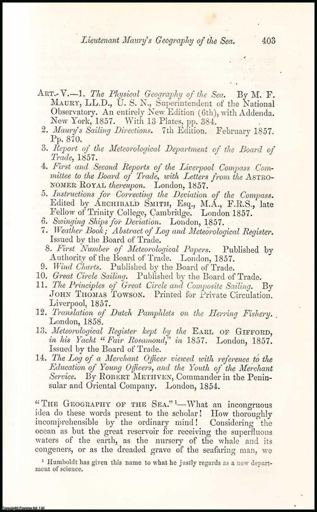 Item #508356 Lieutenant Maury's Geography of the Sea. An uncommon original article from the...
