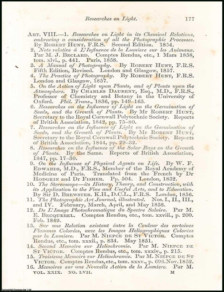 Item #508369 Researches on Light ; Sanatory ; Scientific & Aesthetical. An uncommon original...