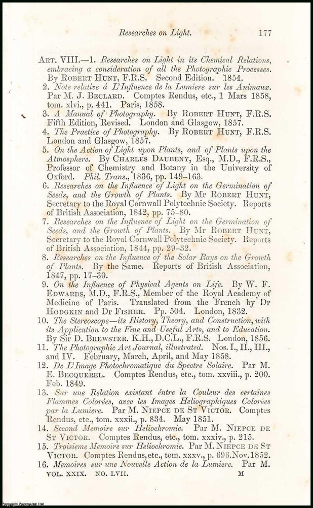 Item #508369 Researches on Light ; Sanatory ; Scientific & Aesthetical. An uncommon original...