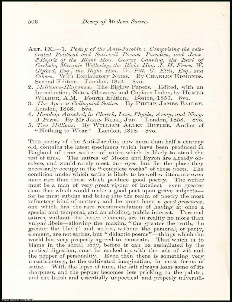 Item #508381 Decay of Modern Satire. An uncommon original article from the North British Review,...
