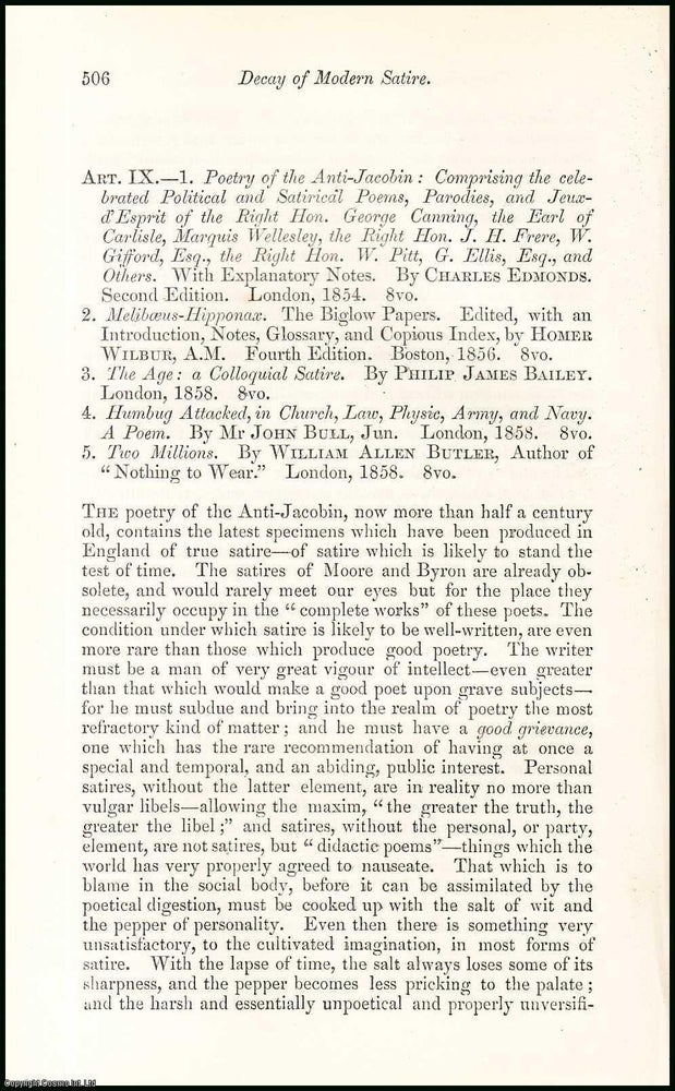 Item #508381 Decay of Modern Satire. An uncommon original article from the North British Review,...