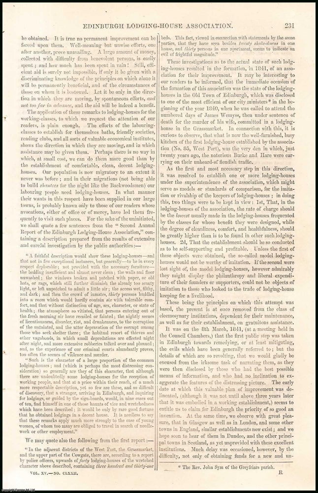 Item #508390 Edinburgh Lodging-House Association. 3 pages. An article printed in 1848, written by...
