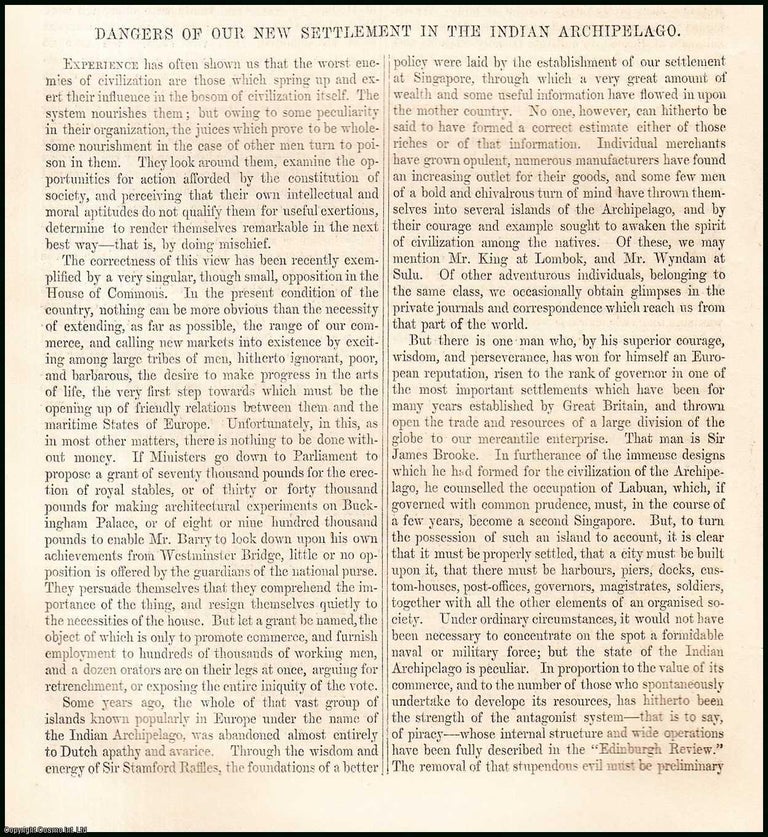 Item #508405 Dangers of our New Settlement in the Indian Archipelago. 9 pages. An article printed...
