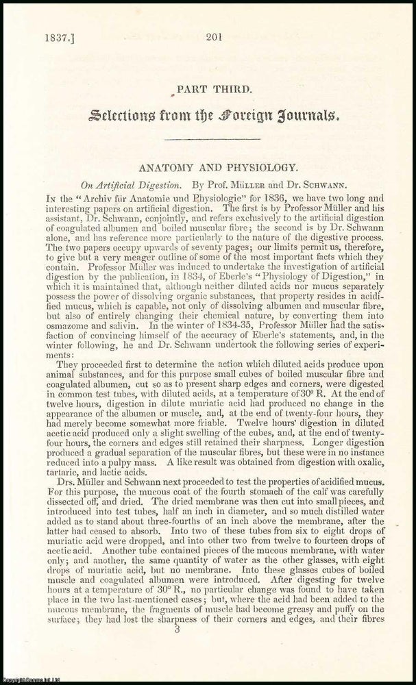 Item #508421 Artificial Digestion, by Prof. Muller & Dr. Schwann. An original essay from the...