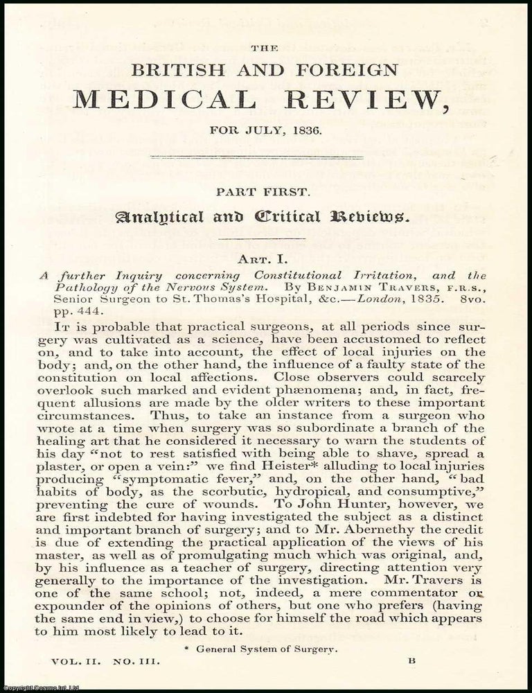 Item #508443 A Further Inquiry Concerning Constitutional Irritation, & the Pathology of the...