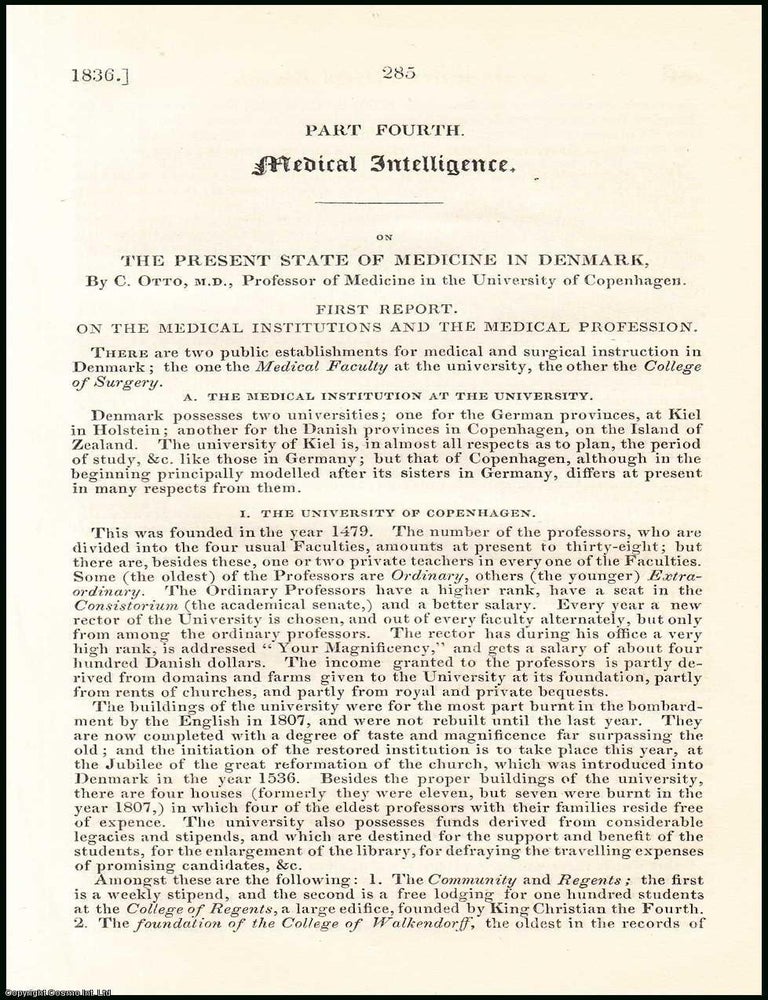 Item #508449 1836. The Present State of Medicine in Denmark, by C. Otto. An original essay from...