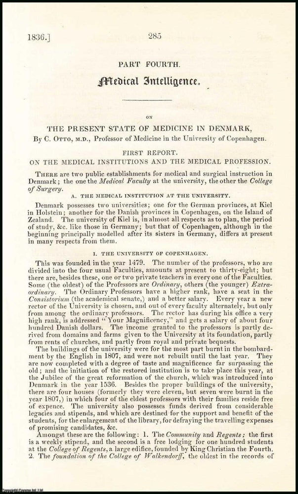 Item #508449 1836. The Present State of Medicine in Denmark, by C. Otto. An original essay from...