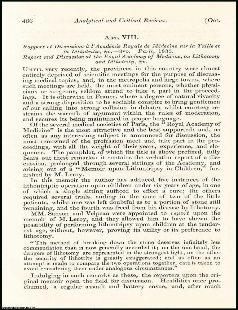 Item #508452 Discussions on Lithotomy & Lithotrity. An original essay from the British &...