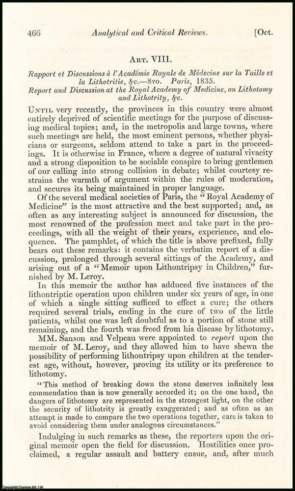 Item #508452 Discussions on Lithotomy & Lithotrity. An original essay from the British &...