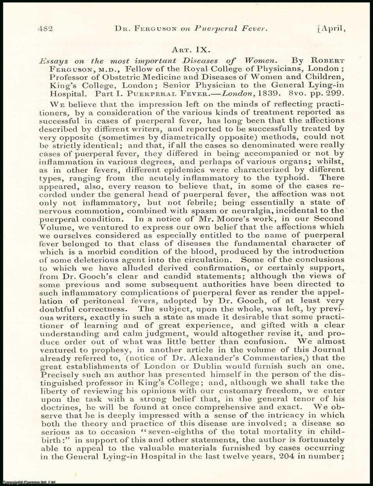 Item #508463 Essays on the most important Diseases of Women : Puerperal Fever, by Robert...