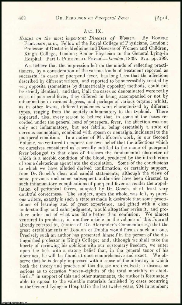 Item #508463 Essays on the most important Diseases of Women : Puerperal Fever, by Robert...