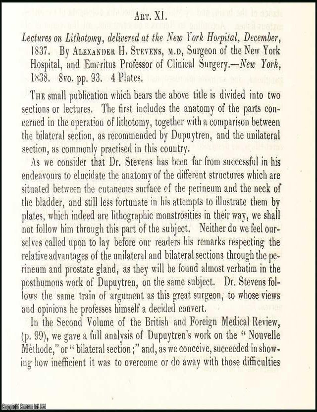 Item #508464 Lectures on Lithotomy, delivered at the New York Hospital, 1837, by Alexander H....
