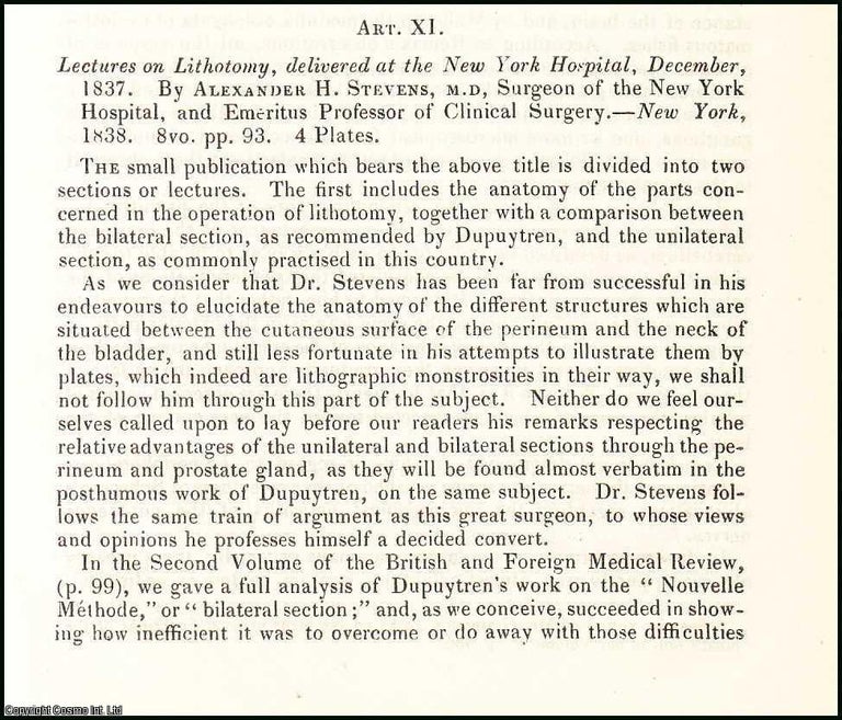 Item #508464 Lectures on Lithotomy, delivered at the New York Hospital, 1837, by Alexander H....