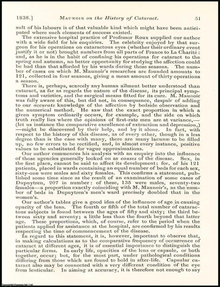 Item #508479 Essay on certain Points in the History of Cataract, by M. Maunoir. An original essay...